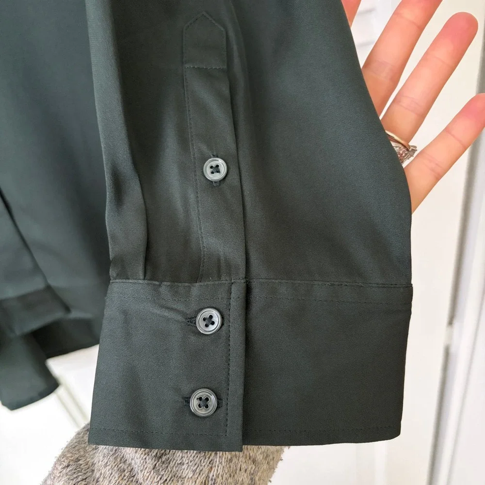 Quince Plus Size Stretch Silk Notch Collar Blouse Forest Green Women's 3X NWT